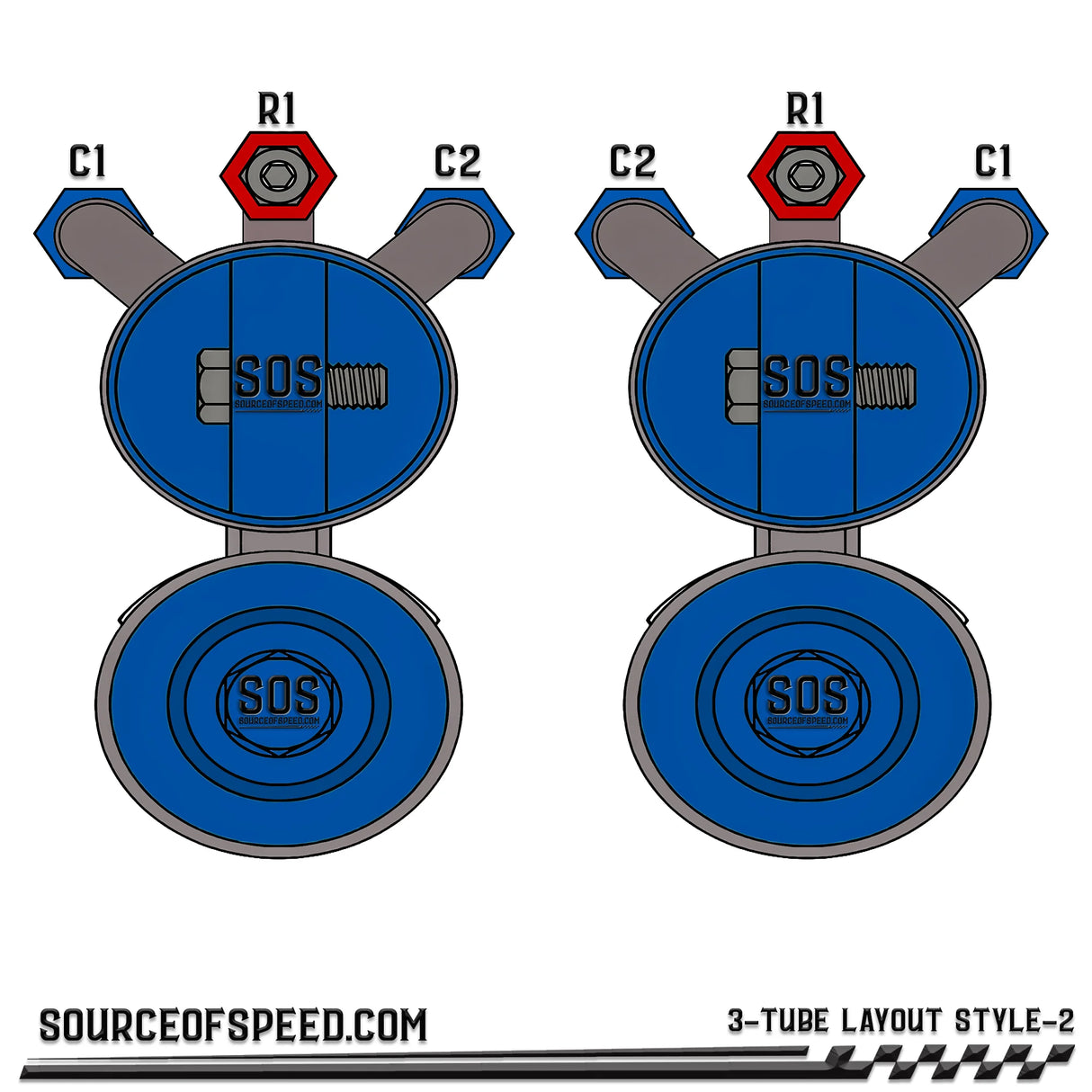 King Shock 3-Tube Piggyback Reservoir Bypass Layout - Style 2