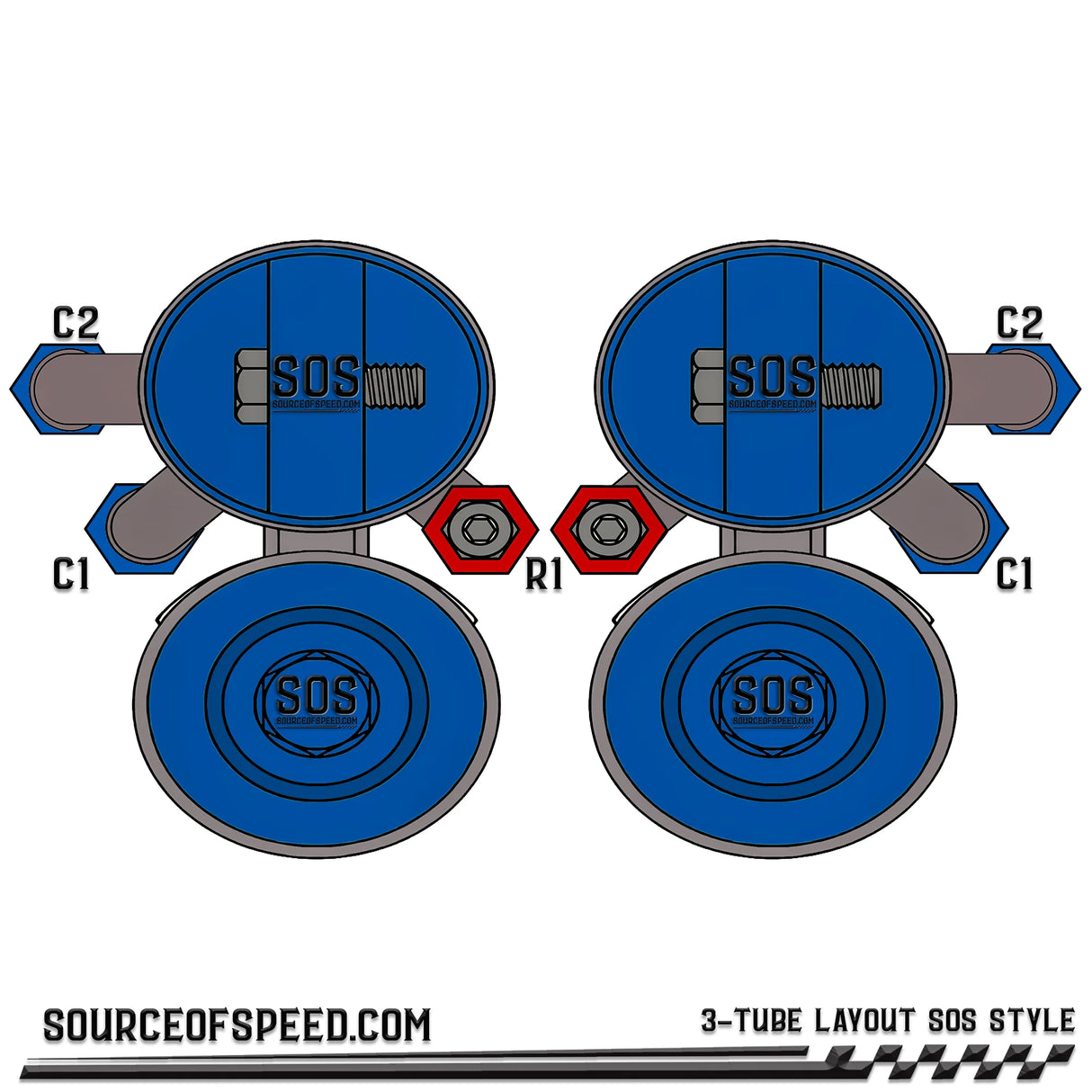 King Shock 3-Tube Piggyback Reservoir Bypass Layout - SOS Style