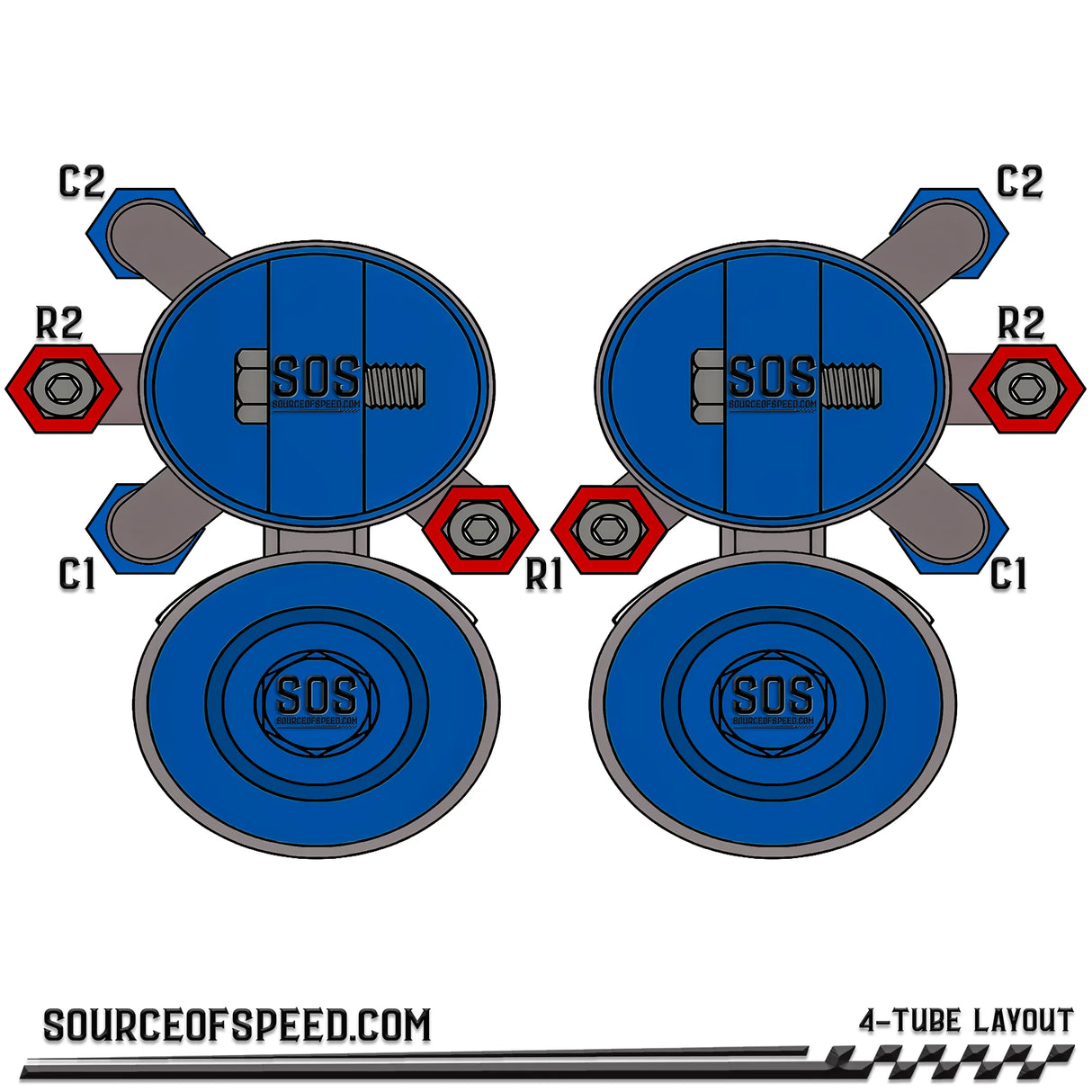 King Shock 4-Tube Piggyback Reservoir Bypass Layout