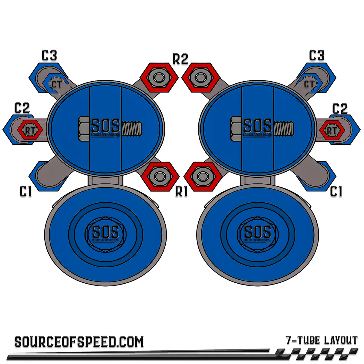 King Shock 7-Tube Piggyback Reservoir Bypass Layout