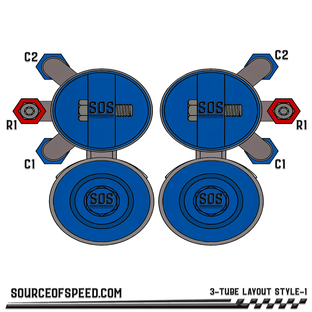 King Shock 3-Tube Piggyback Reservoir Bypass Layout - Style 1