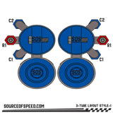 King Shock 3-Tube Piggyback Reservoir Bypass Layout - Style 1
