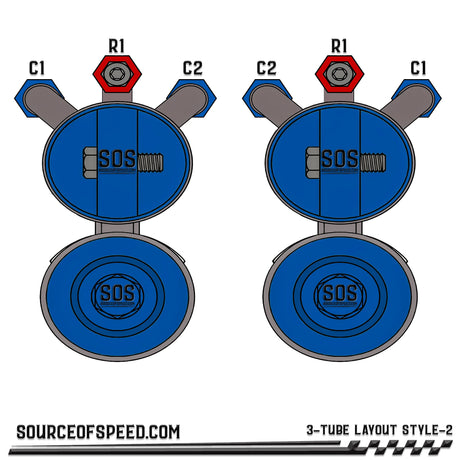 King Shock 3-Tube Piggyback Reservoir Bypass Layout - Style 2